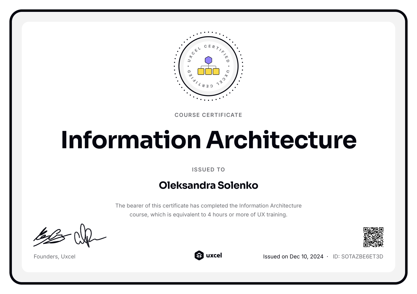 Oleksandra Solenko's certificate